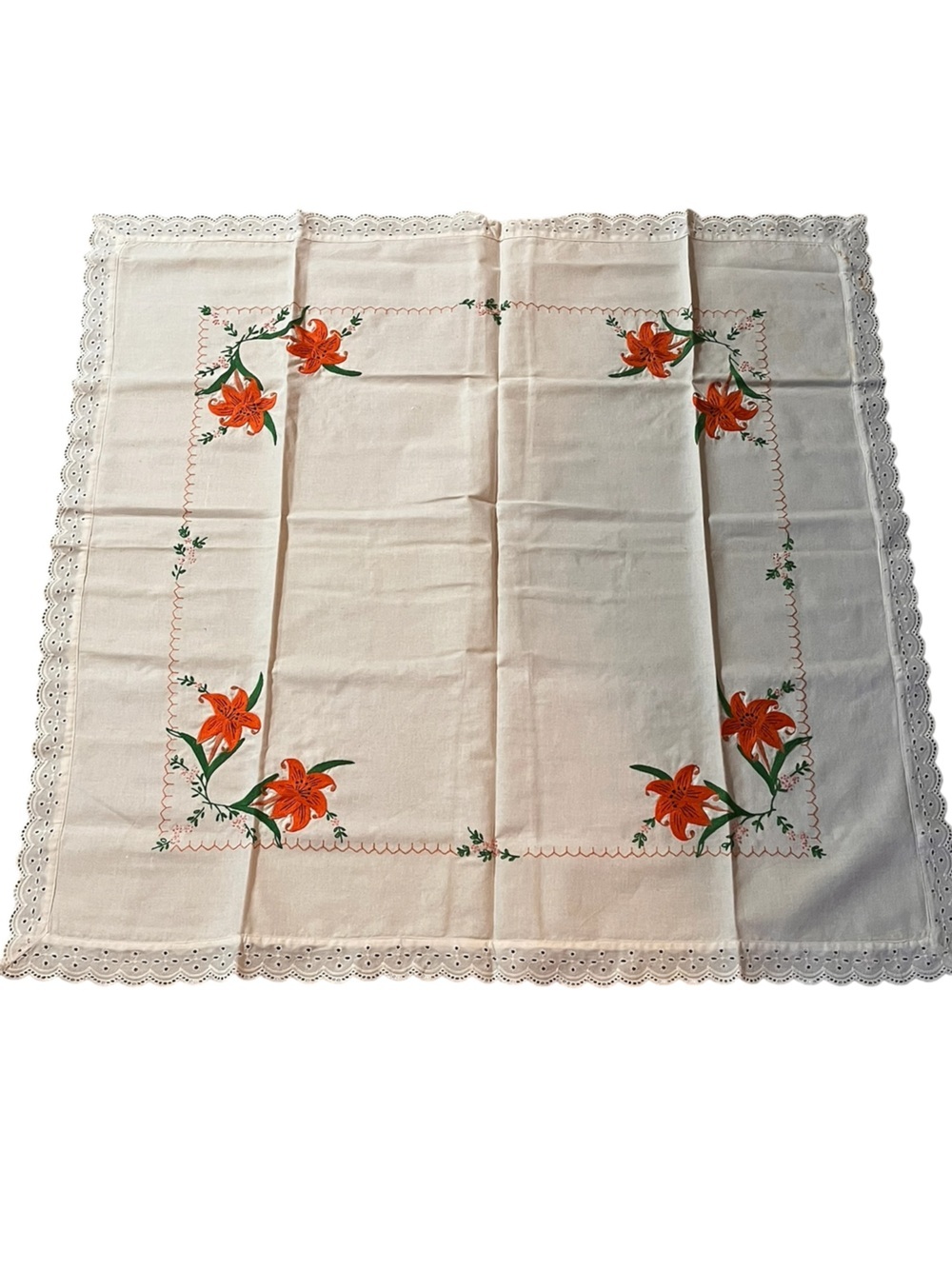 Vintage Embroidered Orange Lily Tablecloth - White Linen Look
Like new
